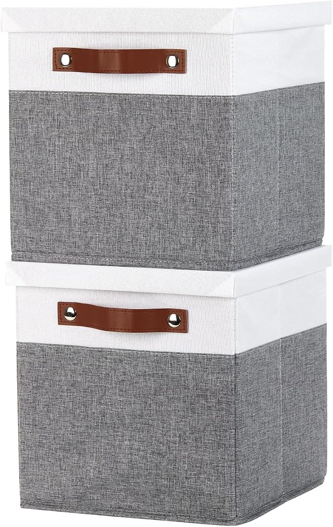 Temary Foldable Fabric Storage Bins with Lids, 2-Pack Storage Bin for Organizing Living Room, Closet Organization, Multi-Purpose Storage Boxes for Clothes (White&Grey, 10.5x10.5x10.5in)