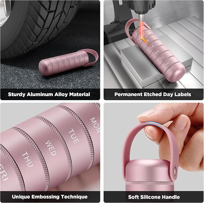 Zannaki Metal Weekly Pill Organizer, Large Travel Pill Box 7 Day, Waterproof Daily Pill Case with Silicone Handle, Aluminum Alloy Portable Pill Holder Container for Vitamin, Medicine, Supplement,Pills