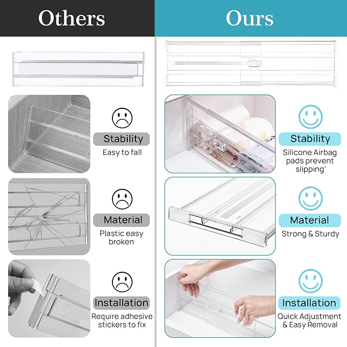 Vtopmart 6" Tall Upgrade Drawer Dividers, 12.8"-22.3" Expandable, 4 Pack | Deep Drawer Organizer, Big Drawer Separator, Clear plastic Adjustable Storage Divider for Dresser, Baby Supplies, Kitchenware