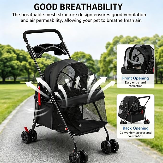 Foldable Pet Cart for Small to Medium Dogs & Cats, 10-40lbs Capacity Lightweight Travel Pet Stroller (Black)
