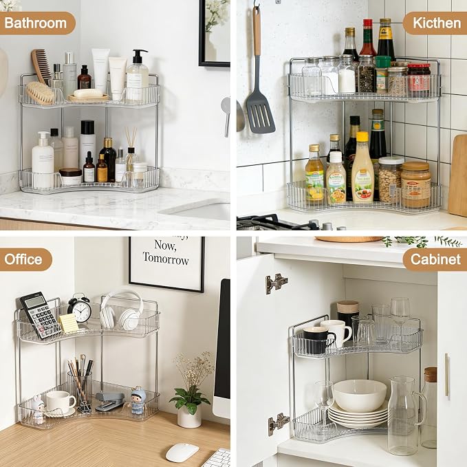 Corner Bathroom Counter Organizer, Vanity Organizer - Countertop Corner Shelf for Makeup Storage,Spice Racks for Kitchen Corner (Clear, 2-Tier)
