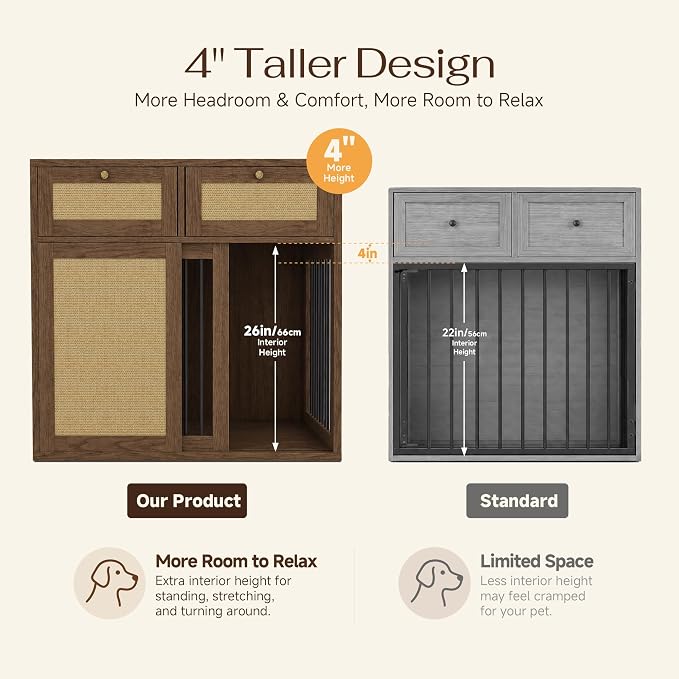 PureCozy 2-Piece Double Dog Crate Furniture, 80 Inch, Dark Oak | Left and right kennels for 2 dogs with metal sliding doors, cane cabinets and 4 drawers; furniture-style indoor console.