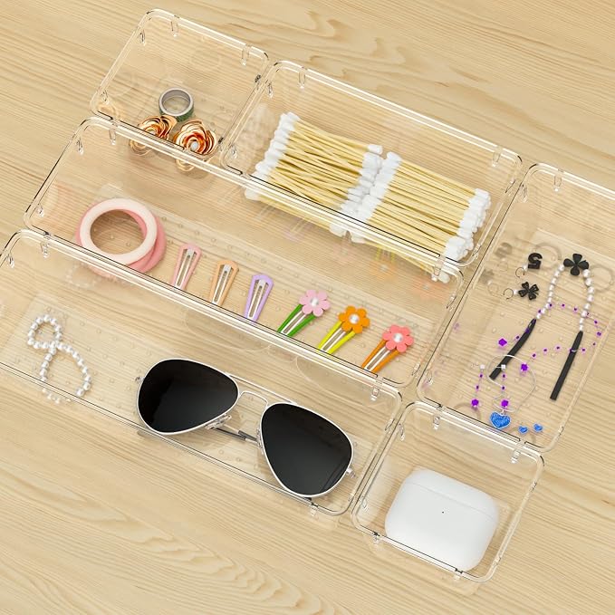9 Pack Clear Drawer Organizer Set, Drawer Storage Trays, Storage Bins | Acrylic Drawer Storage Trays, Storage Bins for Makeup, Cosmetics, Jewelries, Utensils, Gadgets, Office