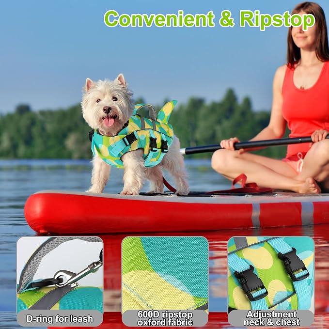 Dogcheer Shark Dog Life Jacket, Dog Life Vest for Swimming - Multi Green,S | Adjustable Pet Harness Lifejackets, High Flotation Doggie Swimsuit with Rescue Handle for Small Medium Large Dogs
