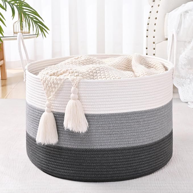 67L Large Woven Blanket Basket, Cotton Rope Baby Laundry Hamper with Handles, Kids Toy Basket for Classroom & Nursery, Soft Round Stuffed Animal Storage, Dog Toy Bin - 20"x13", Gray