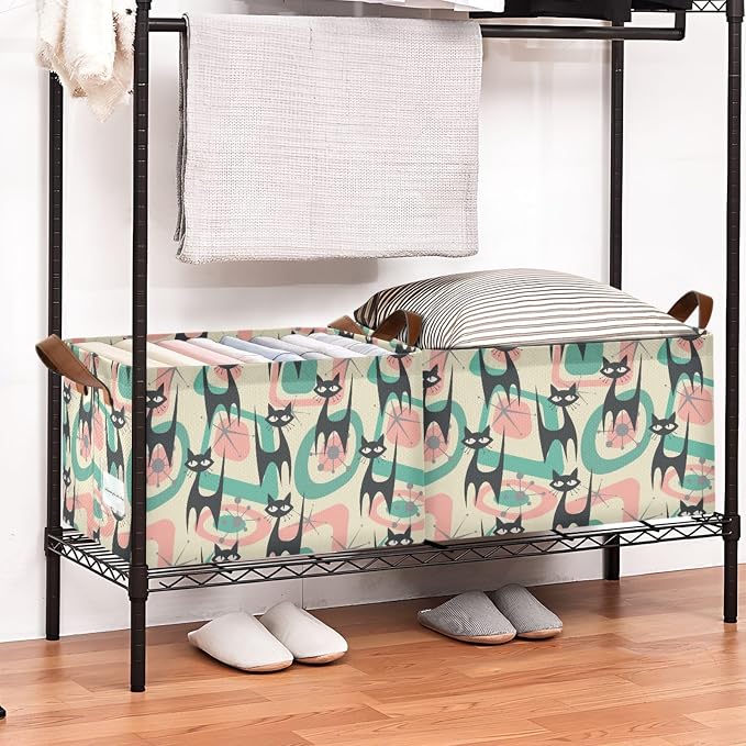 Mid Century Atomic Black Cat Storage Basket Foldable Cube Storage Bins with Handles&Label Waterproof Collapsible Organizer Box Bin Large Rectangle Decorative Baskets for Shelves Home Room Laundry-2 PC