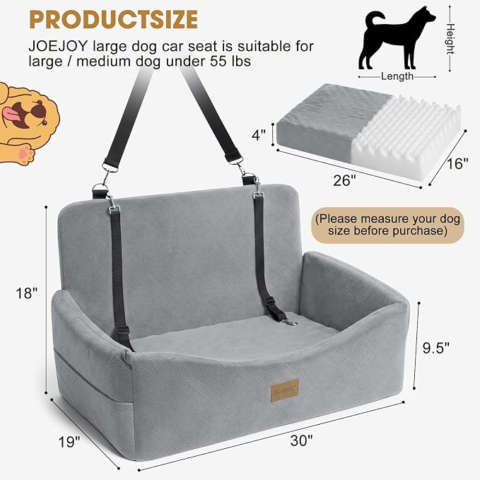 JOEJOY Dog Car Seat for Large Medium Sized Dogs Under 55 lbs, Dog Booster Seat for 2 Small Dogs with Detachable Washable Cover, Memory Foam Pet Car Seat with 2 Safety Belts and Storage Pockets