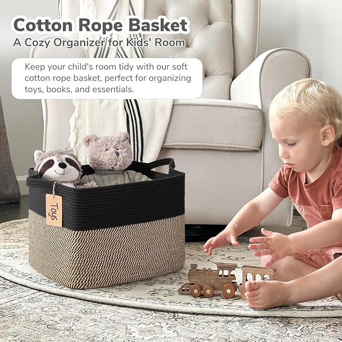 Goodpick 50L Large Woven Storage Basket for Organizing, Black & Jute | 18" × 14" × 12" Stylish Gift Basket for Living Room & Bedroom Organization, Wicker Baskets for Shoes & Toys Storage