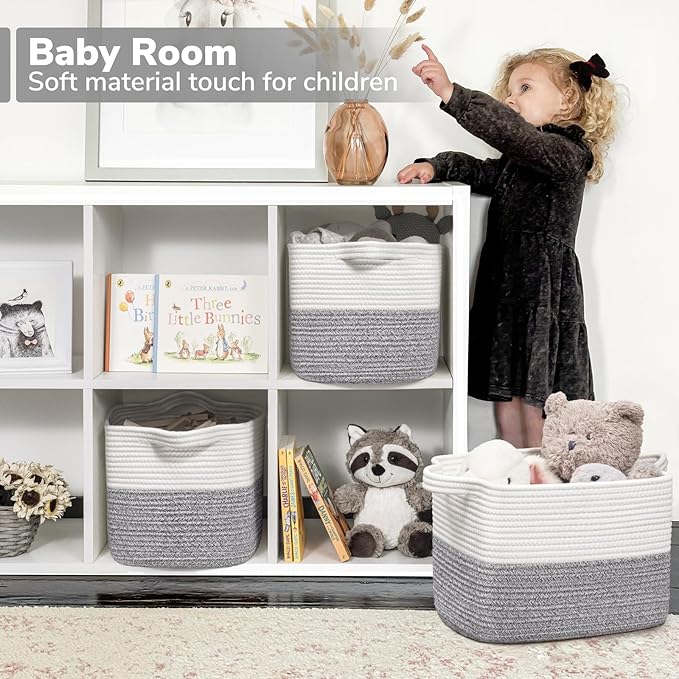 Goodpick Woven Storage Basket for Shelves, 13" x 10" x 9", Gray & White | Stylish Gift Basket for Home Decor, Cotton Rope Baskets for Toys, Towels & Shoes Storage, Closet & Shelf Organization