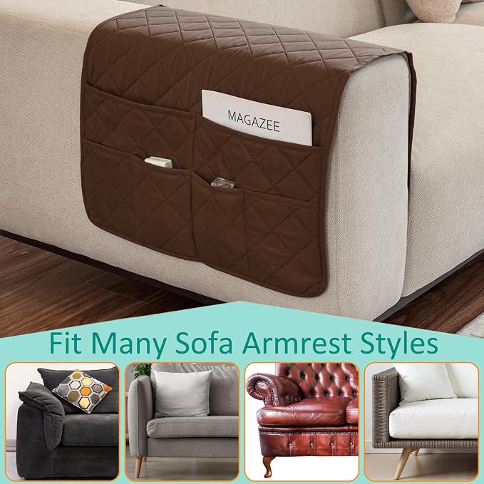 Remote Control Holder for Recliner Non-Slip Armchair Caddy Couch Armrest Organizer, Arm Chair Bedside Caddy Storage Organizer for Recliner Couch With 6 Pockets for Magazine, Phone, iPad (Brown)