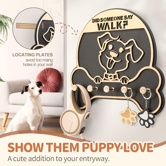 MTERSN Dog Leash Holder Wall Mount with 3D Paws Hooks for Home Decor, Black | Bone-Shape Dog Leash Holder for Wall, Decorative Leash Holder, 5 Dog Leash Hook, Pet Accessories Storage, Gift for Dog Lovers