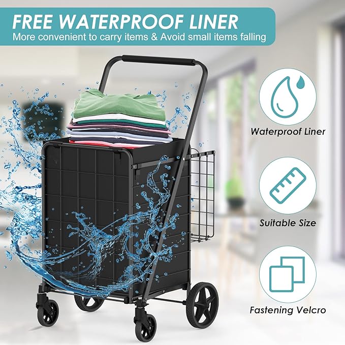 Upgraded Shopping Cart for Groceries,330LBS Jumbo Grocery Cart | Waterproof Liner, 360° Rolling Swivel Wheels and Double Basket, Heavy Duty Folding Shopping Carts for Laundry Transport
