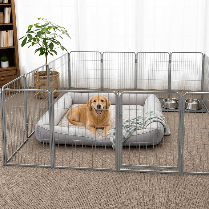 Indoor Dog Playpen - 32 inch, 8 Panels for Small and Medium Size Dogs - Play Pen w/Extra Wide Gate - Heavy Duty Metal Portable Pet Fence with Grey Anti-Rust Coating
