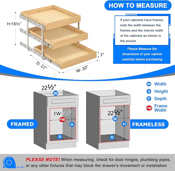 WelFurGeer 3-Tier Pull Out Cabinet Organizer with Soft Close, Heavy-Duty Pull Out Drawers for Cabinets, Slide Out Shelf for Kitchen, Pantry, Bathroom & Under Sink, Solid Birch Wood