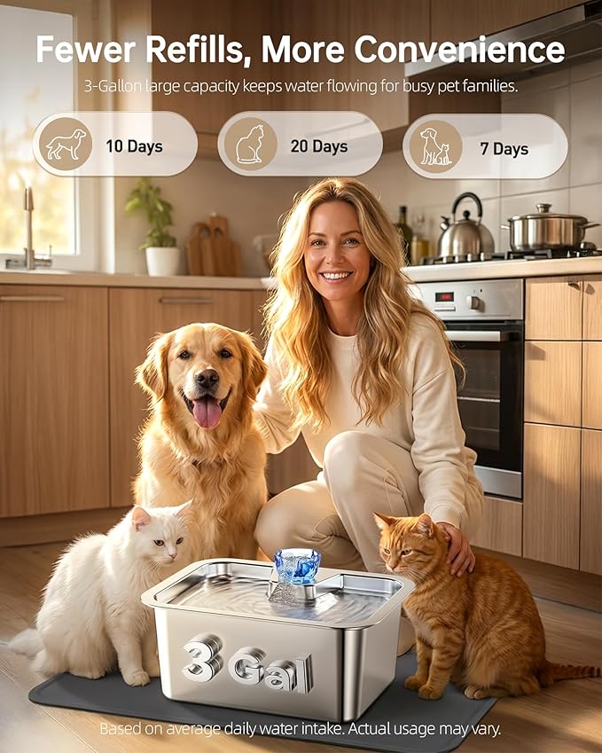 Dog Water Fountain with Silicone Mat - 3 Gallon Stainless Steel Pet Water Fountain with 6 Filters, Quiet Automatic Bowl Dispenser Drinking Waterer for Large Dogs & Multi-pet, Easy to Clean, Indoor Use