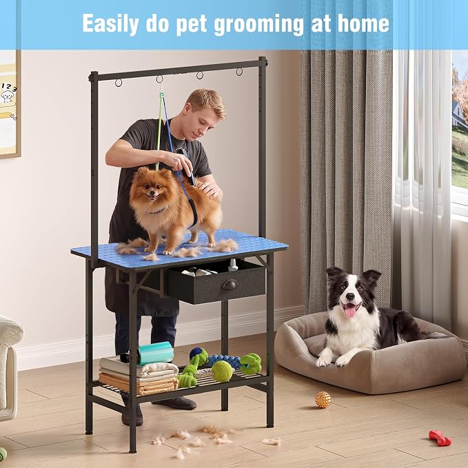 32-Inch Dog Grooming Table with Drawer & Mesh Tray,Adjustable Pet Grooming Table with Non-Slip Removable Washable Mat & EVA Protective Lanyard, Professional Grooming Table for Small Dog at Home（Blue）