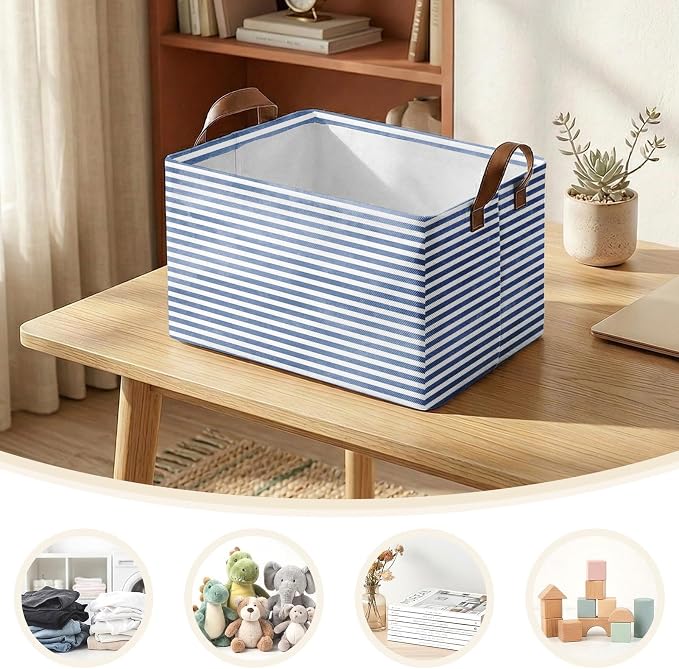 Britimes Pink Blue Storage Baskets for Gifts, Toy Storage Bins Box, 3 Pcs | Pink Blue Striped Canvas Collapsible Baskets Organizer with Handles Nursery Decor Laundry Basket for Shelves Closet
