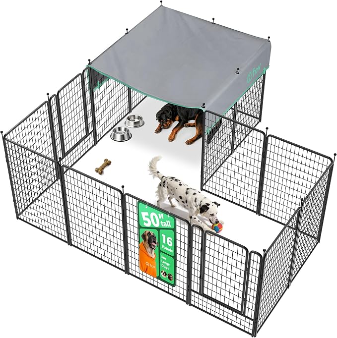 FXW Rollick Dog Playpen with Sun Shade, 50"H, 16 Panels | Heavy-Duty & Easy setup Play Area, UPF 50+ Cover Blocks 98% of UV Rays, For Ultra Large Dogs, Patented