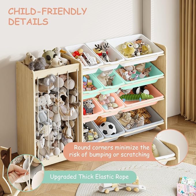 EXPERLAM Kids Toy Storage Organizer, 2-in-1 Stuffed Animal Storage & Toy Organizer w/12 Bins, Solid Wood Toy Rack Featuring Thicker Elastic Ropes to Hold Toys, Playroom Nursery Bedroom Storage, Multi