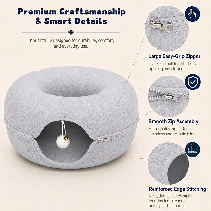 Felt Cat Tunnel for Large Indoor Cats, 24" x 24" x 12" Peekaboo Cave Bed | Light Grey 24" x 24" x 12" sturdy 1300g felt cave with 7" entrance, rear peek hole, large zipper and hanging ball.