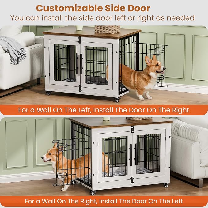 2 Pack Dog Crate Furniture,32'' Heavy Duty Kennel with Cushion & Wheels | White, Double Doors, Wooden Dog Cage, Chew-Resistant, End Table, Decorative, 27"/32"/38"/44" Options, Indoor