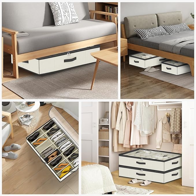 32 Pairs Shoe Organizer Under Bed, Sturdy Underbed Shoe Storage Boxes Bins, Organizador De Zapatos, Extra Large Zapateras Organizer, Beige, Set of 2