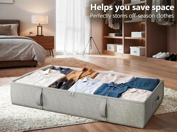 2-Pack Under Bed Storage Containers, 8 Inches Tall Clothes Storage, Gray | Large Capacity Collapsible Underbed Organizer with Sturdy Sidewalls/Bottom, Cotton Linen Bins, For Seasonal Clothes & Bedding
