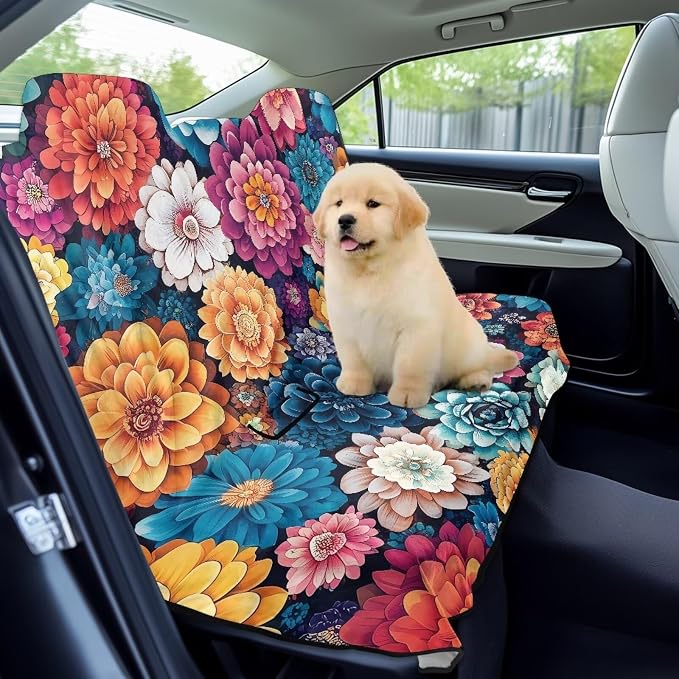Renewold Rear Bench Dog Car Seat Cover Car Back Seat Towel Cover with Storage Bag Towel Blanket for Running Yoga Workout Swimming Sport Colorful Boho Flower Automotive Travel Accessories Beach Pads