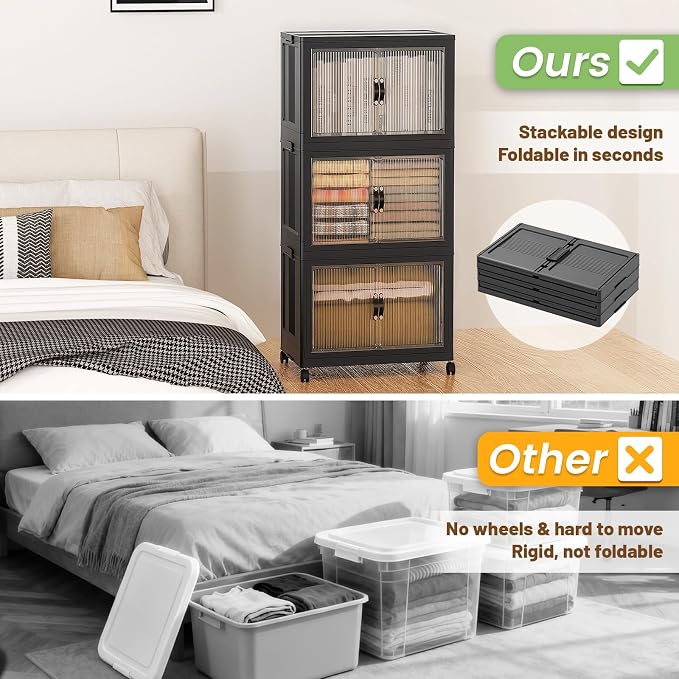 SAILUN 195Qt Stackable Storage Bins,Storage Cabinet with a Lid,3 Pack Black
