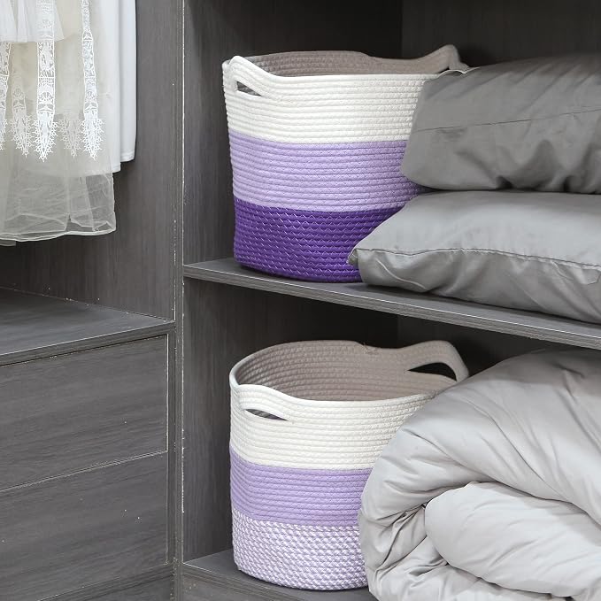 Sea Team Large Woven Cotton Rope Laundry Basket with Handles, 16 x 13 in | Collapsible Knitted Hamper, Closet Shelf Organizers, Containers for Clothing, Blankets, Toys, Bedding, Lavender