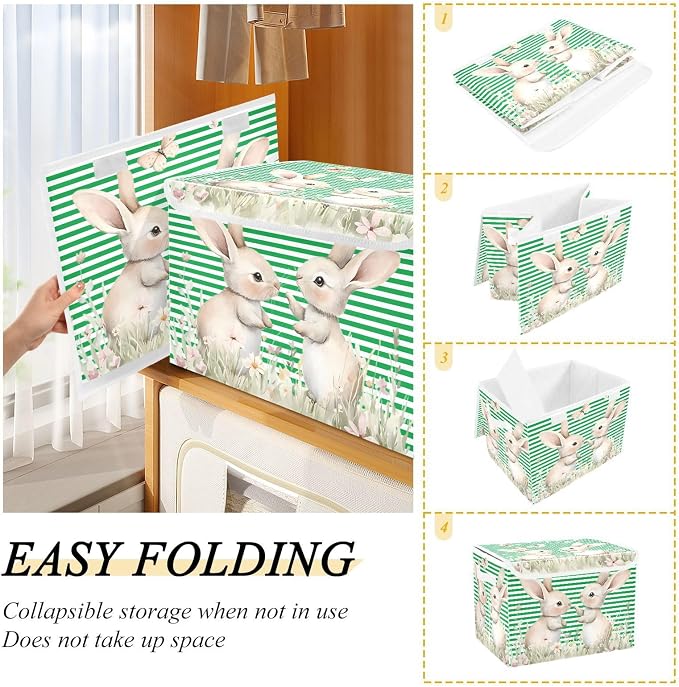Fabric Storage Bins with Lid Rabbit Floral Foldable Storage Boxes 40L | Decorative Storage Boxes, Foldable & Stackable, Dust-Proof Flip Top, Reinforced Handles, For Home & Dorm, Clothes & Toy Box
