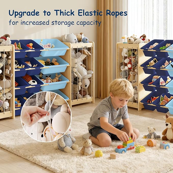 EXPERLAM Large Toy Storage Organizer, Wooden Stuffed Animal Storage & 12-Bins Toy Organizer, Double-Sided Plush Toy Holder Featuring Thicker Ropes, Space Save Bedroom Nursery Playroom Storage, Blue