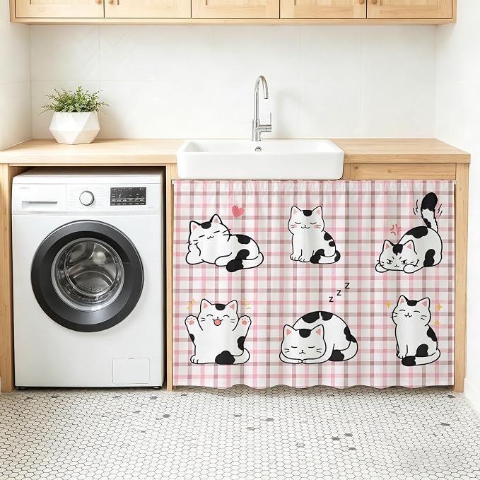 Cute Cat Oven Skirt Curtain for Kitchen Decor 28"x35", Modern Playful Pet Cats Pink Brown Plaid Self Adhesive Stove Curtains Skirt Cabinet Curtains for Bathroom Laundry Room