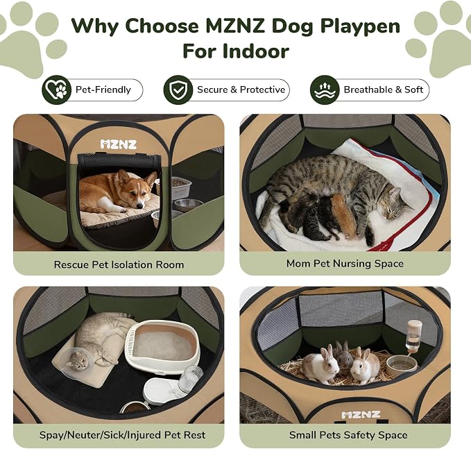 Dog Cat Small Animal Puppy Playpen Crate, Medium, Olive Green | Portable Pop Up Pet Cage Enclosure Tent Kennel Indoor Outdoor with Carrying Case, No Assembly, Camping Use