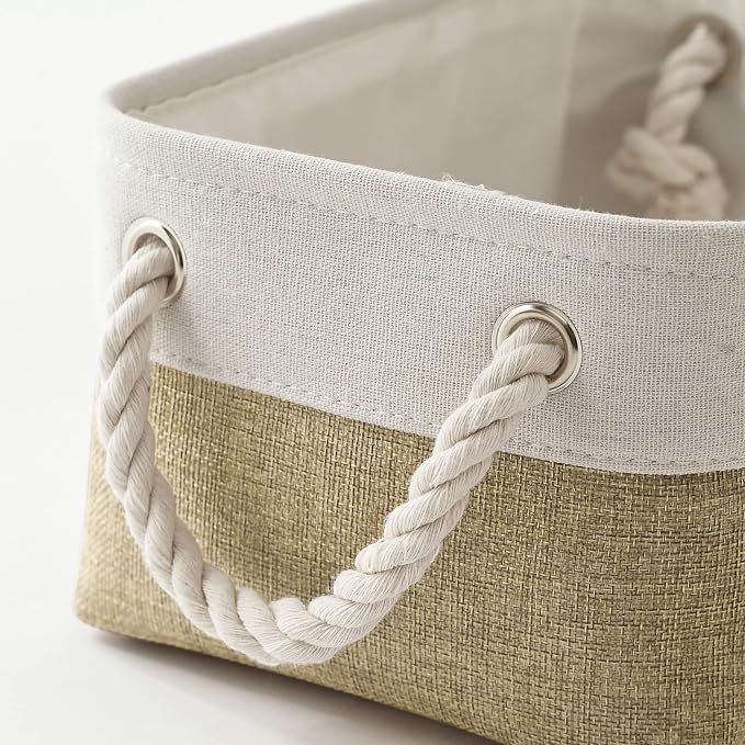Storage Basket for Shelves - 12x8x5.2 inch Small 6 Pack Collapsible Storage Bin for Closet with Handles, Fabric Storage Cubes for Cloth Organizer Gift Toy Decorative (White & Khaki)
