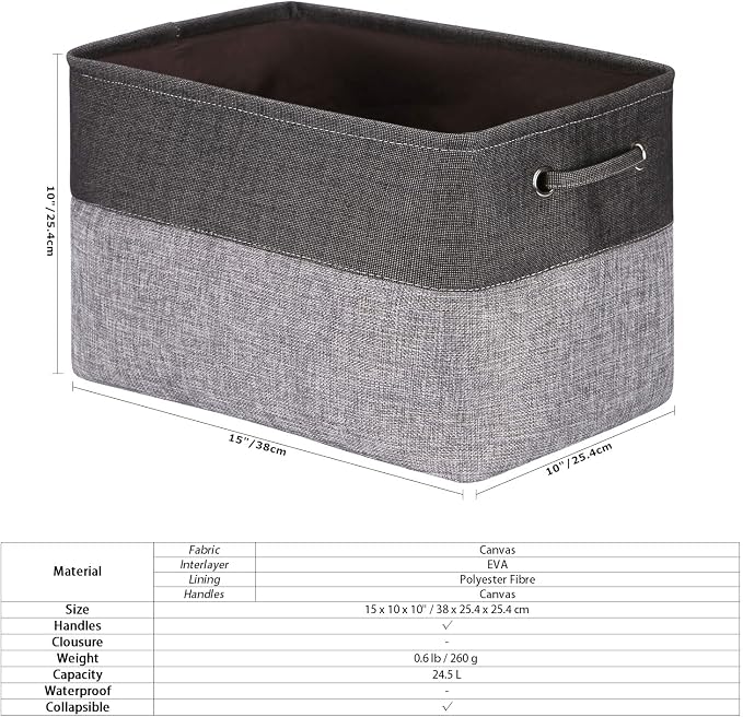 Sea Team Large Rectangle Canvas Open-Top Storage Baskets, 3-Pack | Collapsible Fabric Storage Bins with Handles, Closet Shelf Organizers, 15 x 10 x 10 Inches, Gray & Black