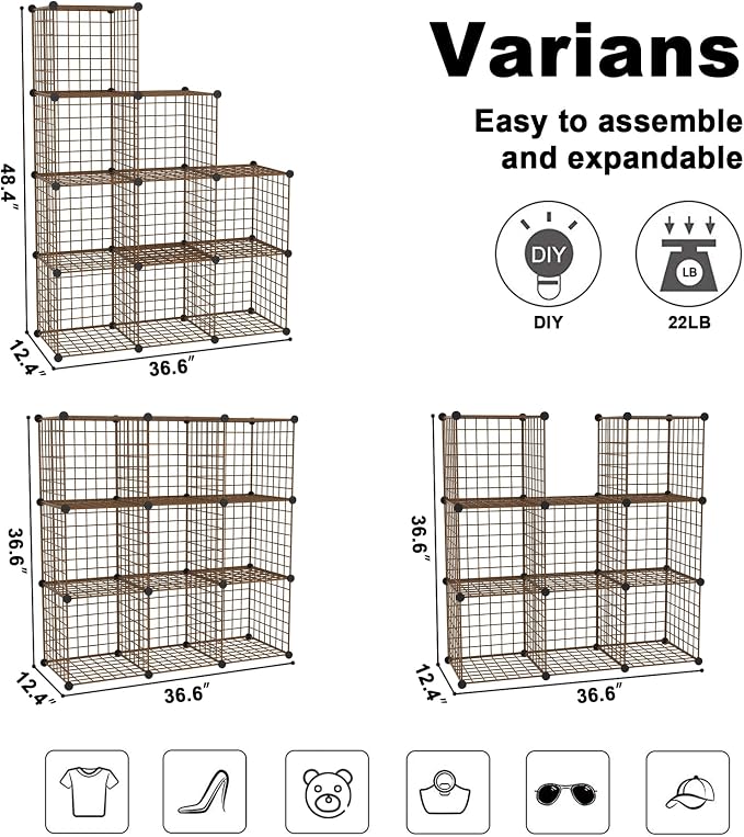C&AHOME Wire Cube Storage, 9 - Cube Organizer Metal C Grids,Shelves, Brown | Modular Shelves Units, Closet Organizer, Storage Bins Shelving, Ideal for Home, Office, Living Room