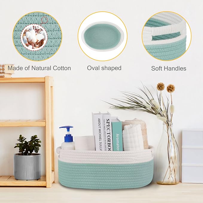 Small Woven Gift Basket with Bag & Ribbons, Light Green | Cotton Rope, 13”x 9”x 5.5”, Fits for Kids, Women & Men, Bedroom, Living Room, Nursery & Bathroom Storage, Cat & Dog Toy Boxes