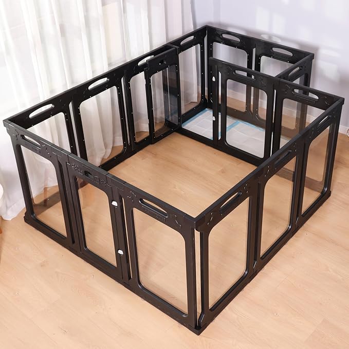 Clear Acrylic Indoor Dog Playpen, 30" H, 1 Door & 1 Side Panel, Black