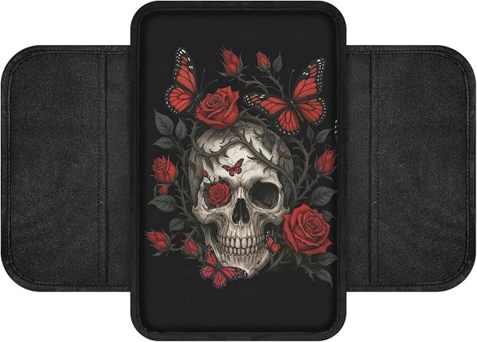Howilath Butterfly Skull Console Cover for Car Armrest with Storage Pocket | Red Rose Easy Stretch-On, No Tools, Washable, with Side Pockets for Phones and Keys, Fits Most Vehicles
