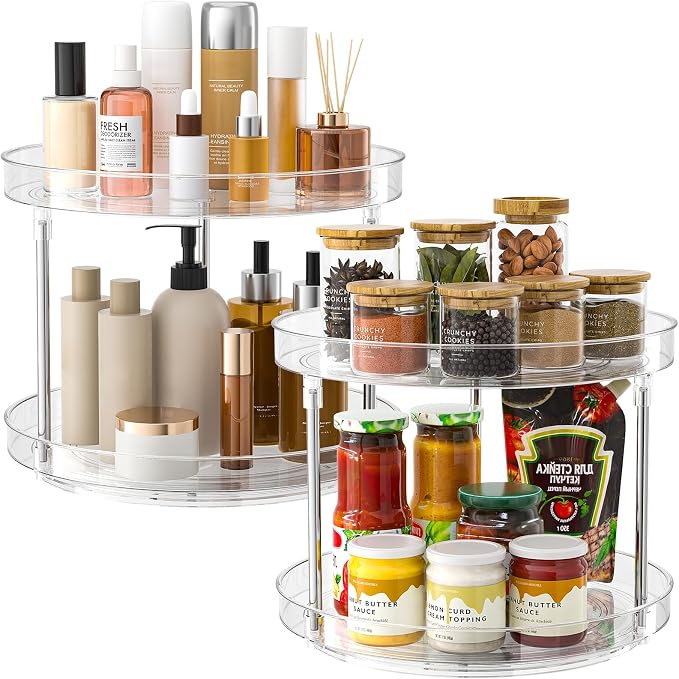 2 Pack 2 Tier Lazy Susan Turntable Organizer, Clear Rotating Lazy Susan | 360 Degree Rotating Spice Rack for Cabinet, Makeup and Perfume Organizer for Vanity, Counter Organizer Tray for Bathroom