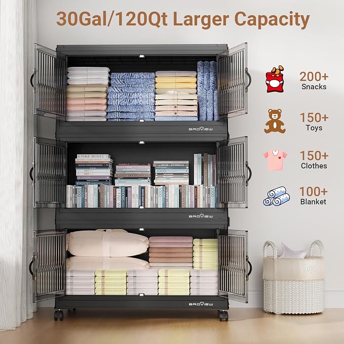 BROVIEW 480Qt Stackable Storage Bins with Lid for Home Dorm, 4Pack Black | Closet Organizers, Foldable & Collapsible Cabinets, Large Containers, Wheels & Magnetic Doors, Plastic Drawers for School