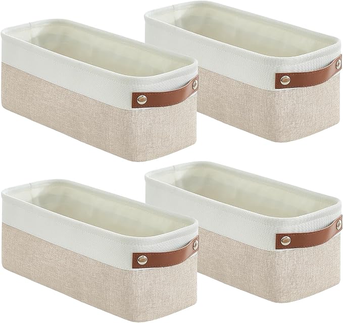 Bagnizer Small Fabric Storage Baskets, 15x6x5 inch Narrow Storage Bins 4-Pack Long Storage Basket for Organizing with Handles, Decorative Basket for Closets, Shelves, Toilet Paper, Beige
