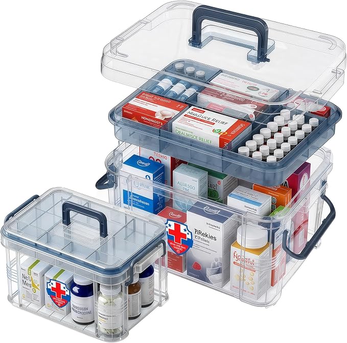 2 Pack Clear Medicine Organizer Box with Handle, Plastic Medicine Container with Tray First Aid Box Empty, Thickened Medicine Storage Organizer Multipurpose Medication Organizer Storage, Blue