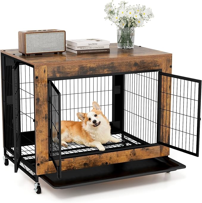 PETSITE Portable Dog Crate Furniture, 38 Inch Wooden Dog Kennel Side Table with Flip-up Top, 3 Lockable Doors and Removable Tray, Ideal for Small to Medium Dogs (Rustic Brown)