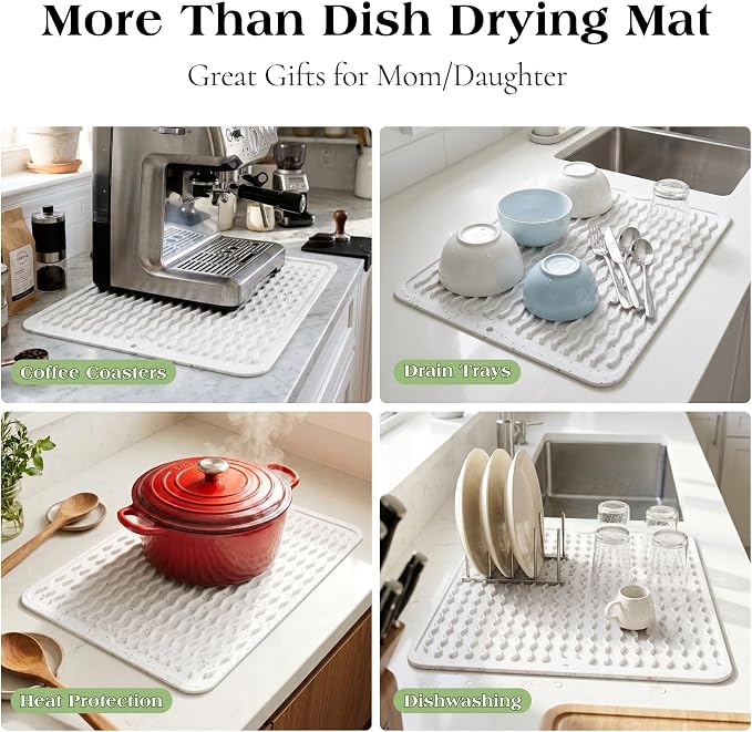 CAKETIME 2 Pack Multicolor Silicone Dish Drying Mat for Kitchen Counter Heat Resistant Hot Pads Dishes Waterproof Under Sink Protector Coffee Bar Accessories Women Gifts Extra Large 18"x16" White