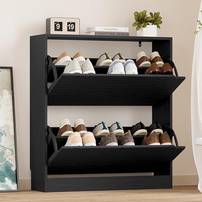 BORNOON Shoe Cabinet with 2 Flip Drawers, Slim Narrow Shoe Storage Cabinet, Freestanding Shoe Organizer with Adjustable & Removable Shelves, Top Display Shelf for Entryway, Hallway, Foyer, Closet