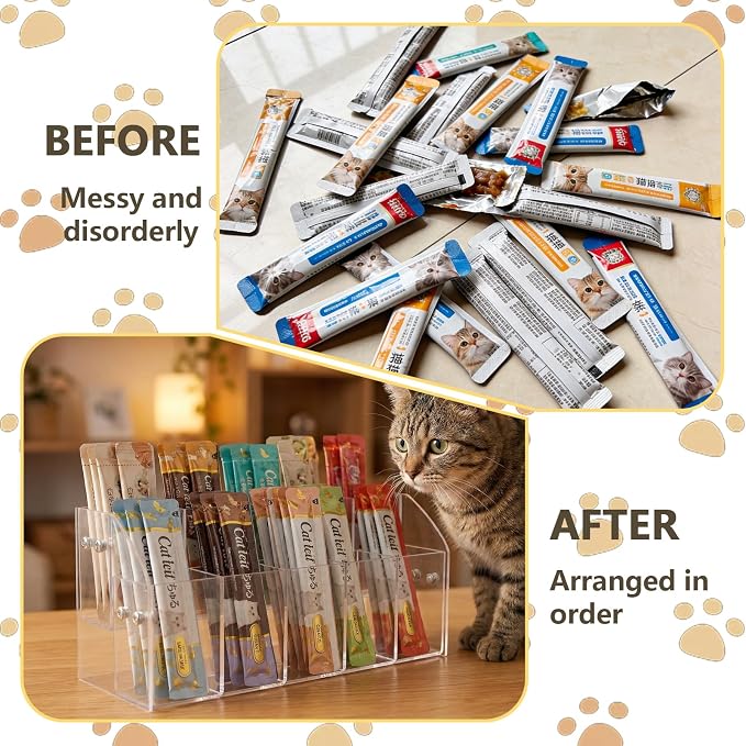 Cat Treat Holder Organizer, 2 Tier 10 Compartment Clear Acrylic Storage Rack for Lickable Wet Treats, Countertop Display Stand for Pet Tubes and Squeeze Up Pouches