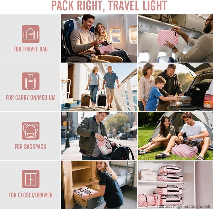 Veken 8 Set Packing Cubes for Travel Essentials, Pink Suitcase Organizer Bags in 4 Sizes, Carry-On Luggage Accessories with Large Laundry & Hanging Toiletry Bag, Must-Have for Airplane, Road Trip