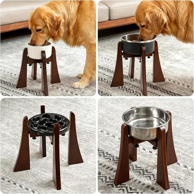 Solid Wood Elevated Dog Bowl Stand with Adjustable Width, 12-Inch Raised | Fits 6.3-7.8 Inch Dog Food & Water Bowls, Non-Slip Base, Ergonomic Design for Corgis, Beagles, Medium Breeds, Stand Only
